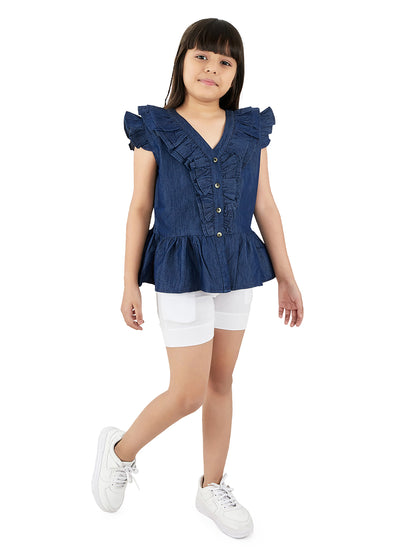 Olele® Girls Victoria Ruffle Top - Light Weight Cotton Denim