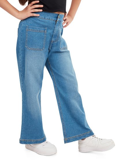 "Olele® Girls Windsor Wide Leg Cotton Denim Jeans Regular Fit Stretchable (Elasticated Waist)  - Indigo Blue"