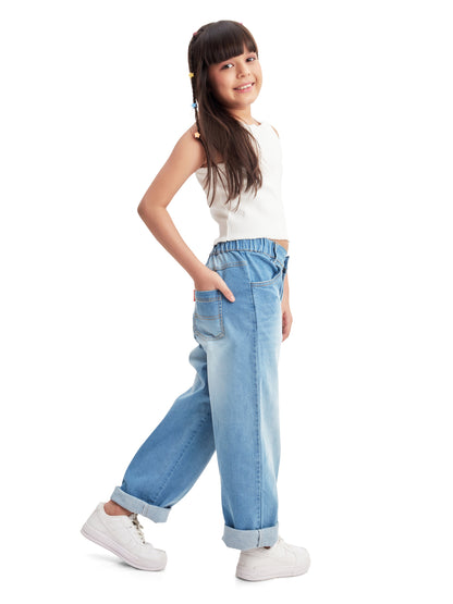 Olele® Girls Relax Fit Roll Up Jeans Pant - Cotton Denim