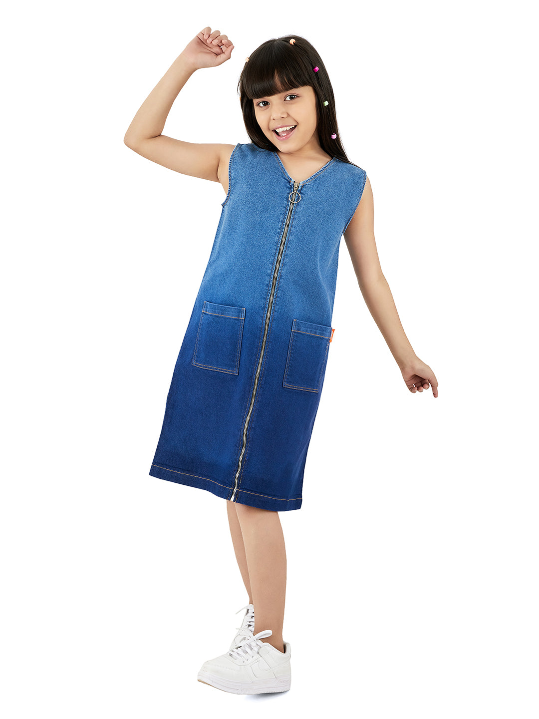 Olele® Girls Atlanta A-Line Ombre Dress with Metal Zipper Opening - Cotton Denim