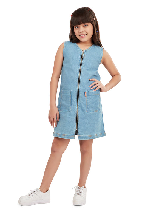 Olele® Girls Atlanta A-Line Bio Washed Cotton Denim Dress with Metal Zipper Opening - Light Blue