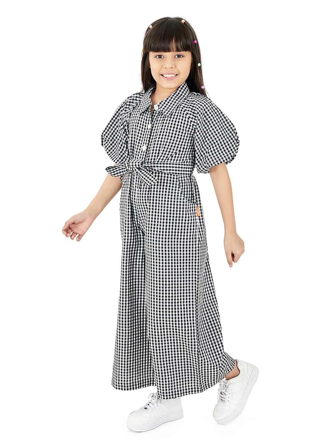 Olele® Girls July Jumpsuit - Black and White Gingham Cotton Check