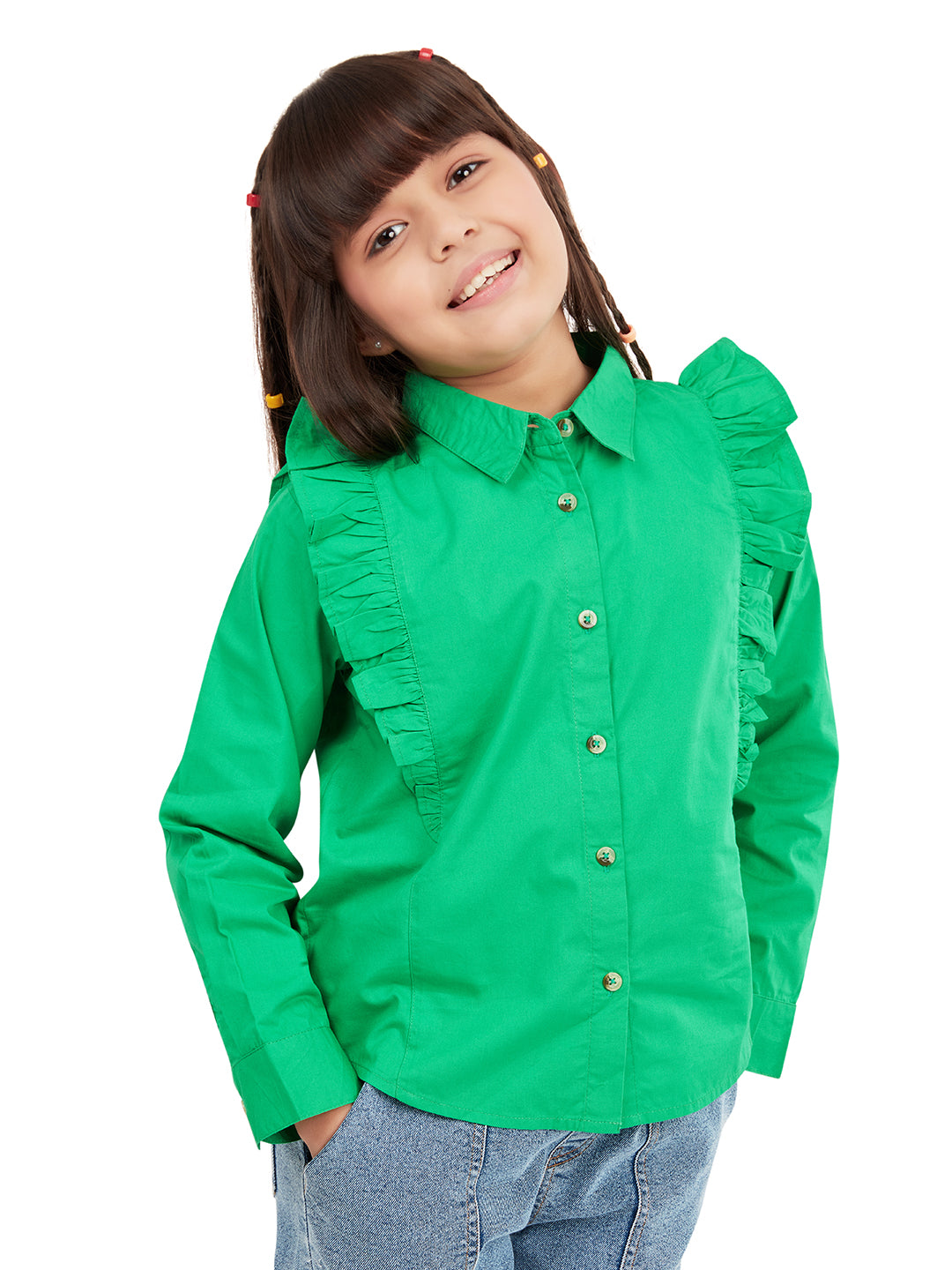 Olele® Girls Regina Full Sleeve Cotton Linen Shirt - Dark Green