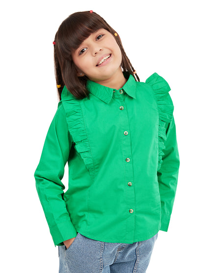 Olele® Girls Regina Full Sleeve Cotton Linen Shirt - Dark Green