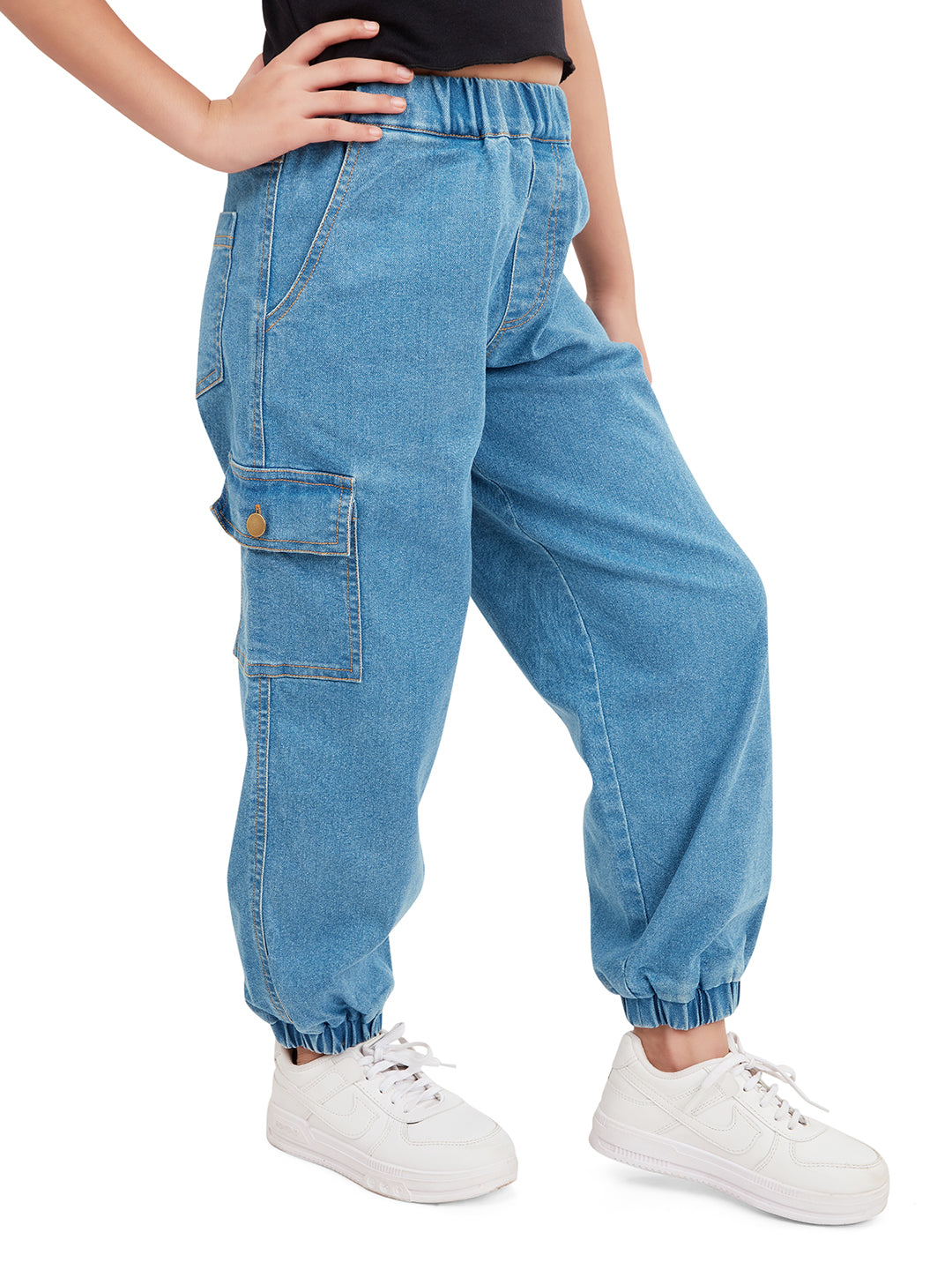 "Olele® Girls Jackson Joggers Cotton Denim Jeans Regular Fit Stretchable (Elasticated Waist)  - Indigo Blue"