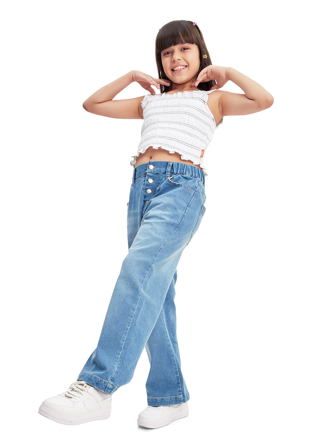 Olele® Boot Cut Button Fly Jeans Pant for Girls - Cotton Denim