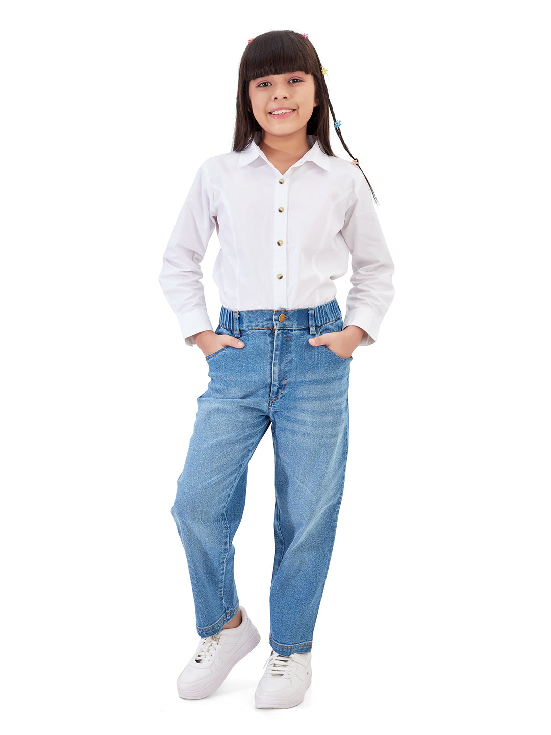 Olele® Girls Regular Fit Stretchable Vanilla Jeans Pant - Cotton Denim