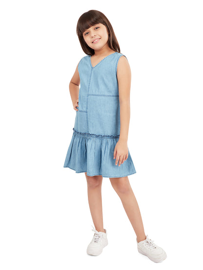 Olele® Girls Rohtak Ruffle Cotton Denim Dress - Light Blue