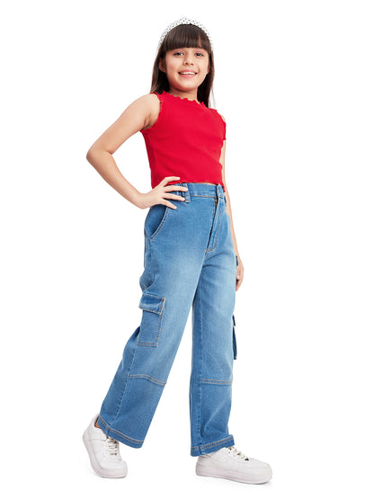 Olele® 7 Pockets Cargo Jeans Pants for Girls - Cotton Denim