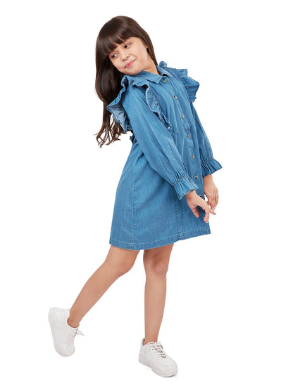 "Olele® Girls Regina Ruffle Dress - Light Blue Denim "