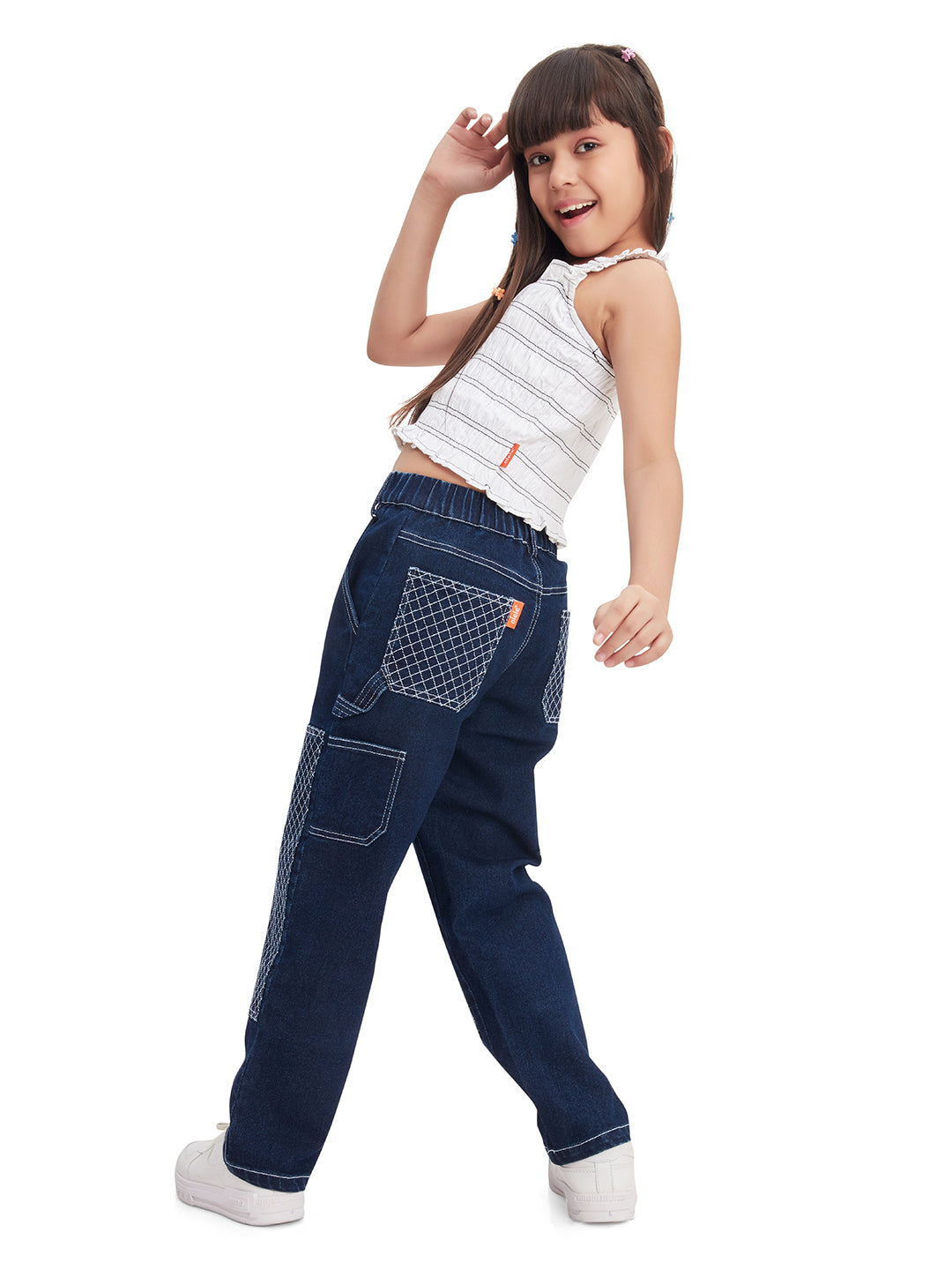 Olele® Girls Quilted Stitched Carpenter Jeans Pant - Raw Cotton Denim