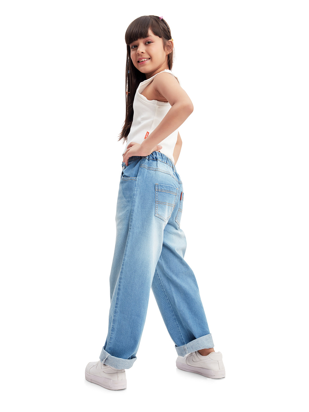 Olele® Girls Relax Fit Roll Up Jeans Pant - Cotton Denim