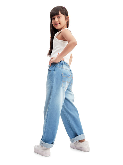 Olele® Girls Relaxed Fit Roll Up Vanilla Jeans Pant - Cotton Denim