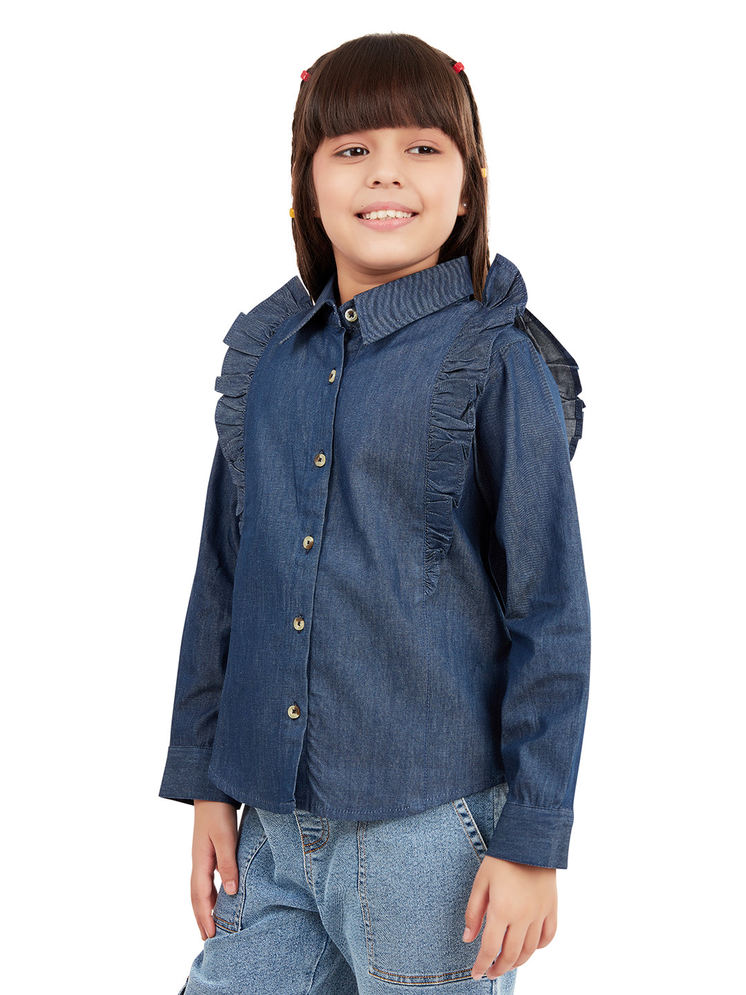 Olele® Girls Regina Full Sleeve Linen Denim Shirt - Dark Blue