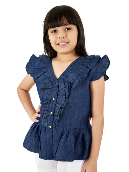 Olele® Girls Victoria Ruffle Top - Light Weight Cotton Denim