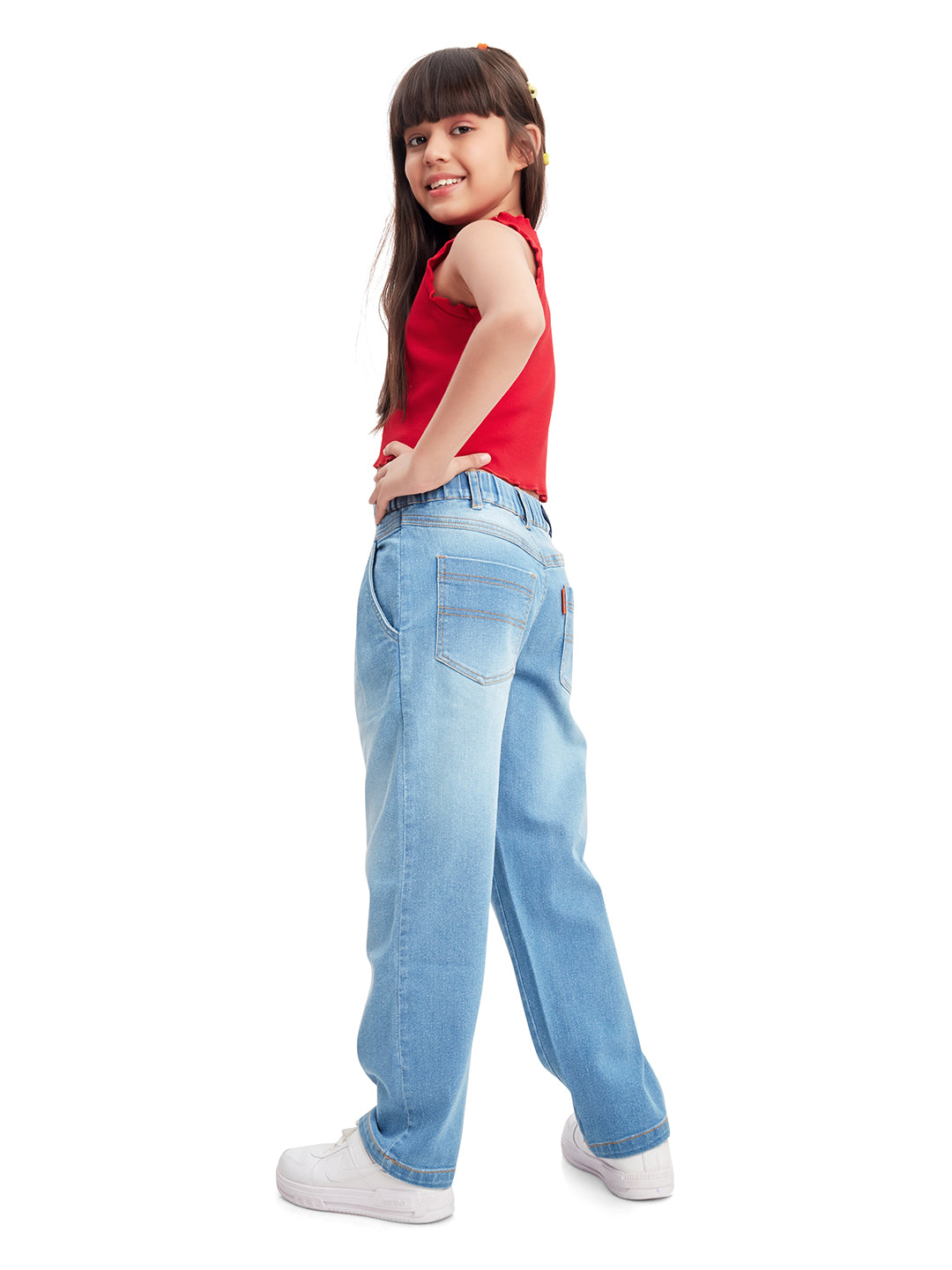 Olele® Girls Retro Front Yoke Relaxed Fit Jeans Pant - Cotton Denim