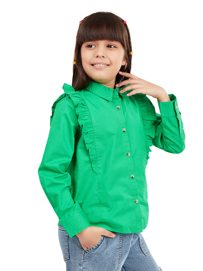 Olele® Girls Regina Full Sleeve Cotton Linen Shirt - Dark Green