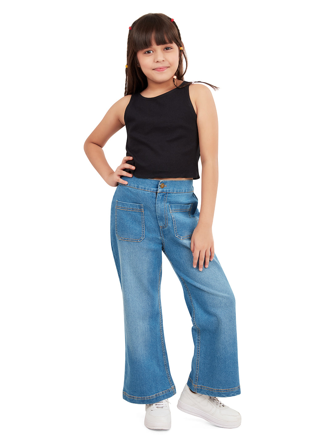 "Olele® Girls Windsor Wide Leg Cotton Denim Jeans Regular Fit Stretchable (Elasticated Waist)  - Indigo Blue"