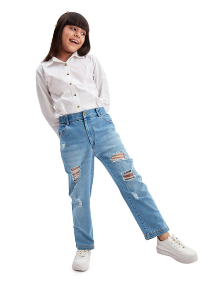 Olele® Girls Regular Fit Stretchable Distressed Wash Vanilla Jeans Pant - Cotton Denim