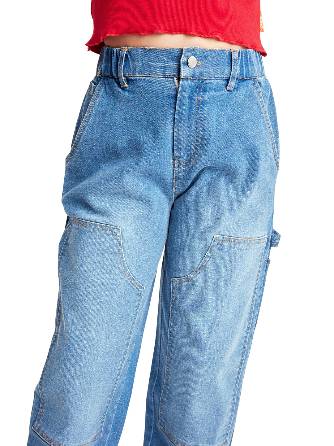 Olele® Girls Carpenter Style Multi Pocket Jeans Pant - Cotton Denim