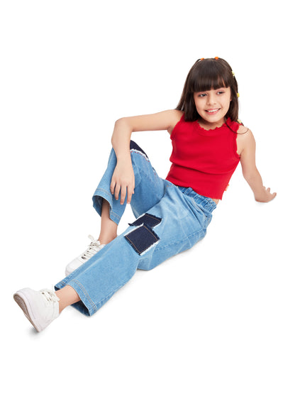 Olele® Girls Pull On Jeans Pant with Retro Patch Detailing - Cotton Denim