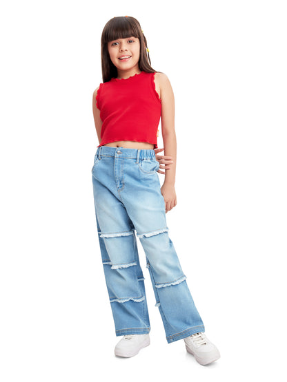 Olele® Girls Raw Edge Panel Patch Relaxed Fit Jeans Pant - Cotton Denim