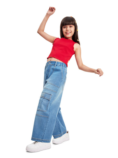 Olele® 7 3D Pockets Cargo Jeans Pants for Girls - Cotton Denim