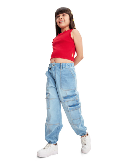 Olele® 7 Pockets Joggers Jeans Pants for Girls - Cotton Denim