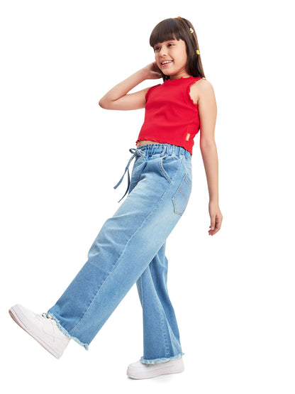 Olele® Girls Pull On Raw Edge Jeans Pant - Cotton Denim