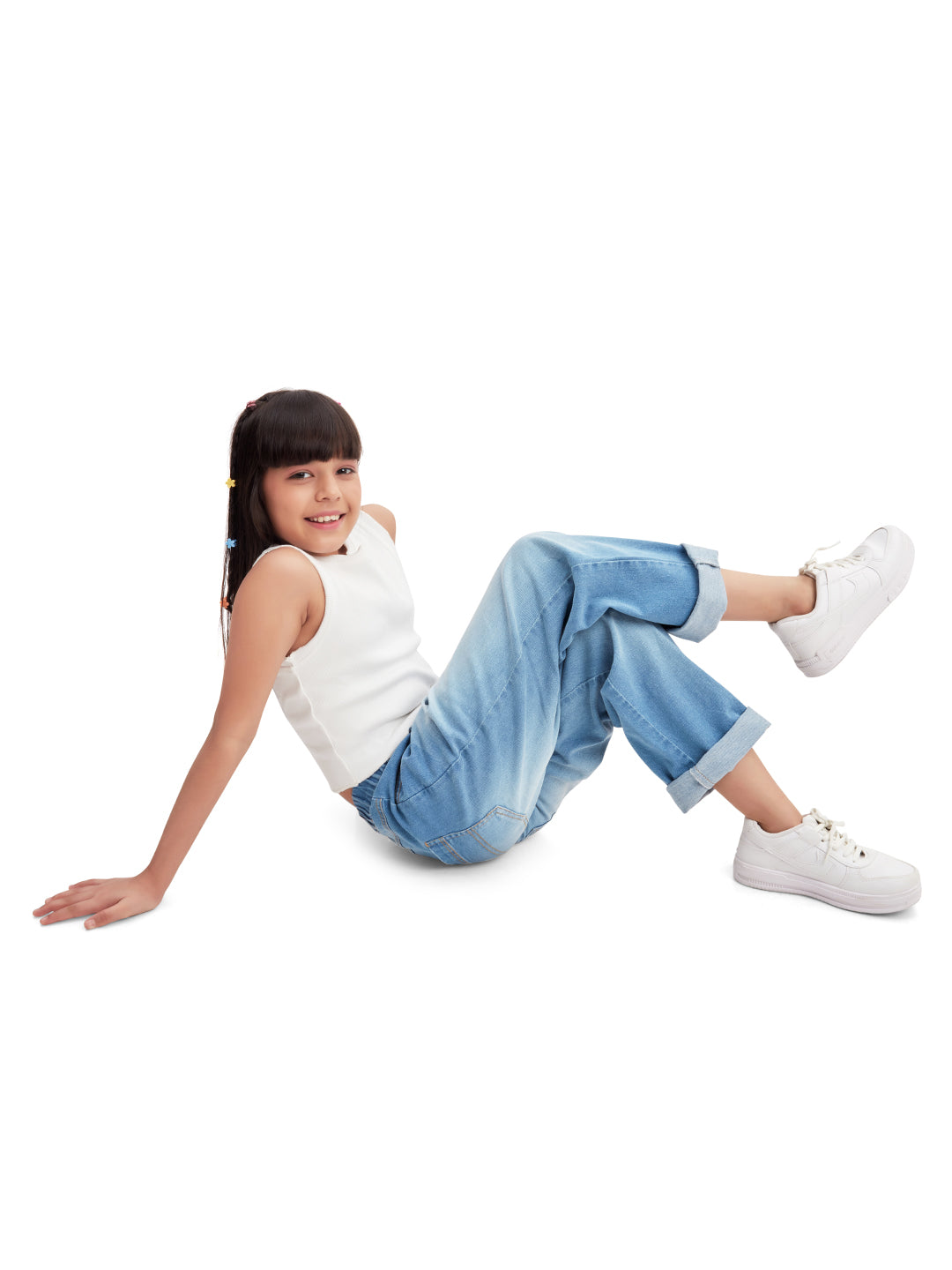 Olele® Girls Relaxed Fit Roll Up Vanilla Jeans Pant - Cotton Denim