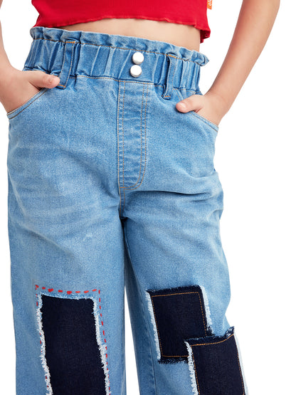 Olele® Girls Pull On Jeans Pant with Retro Patch Detailing - Cotton Denim