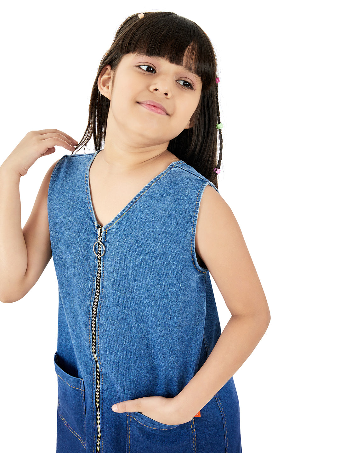 Olele® Girls Atlanta A-Line Ombre Dress with Metal Zipper Opening - Cotton Denim