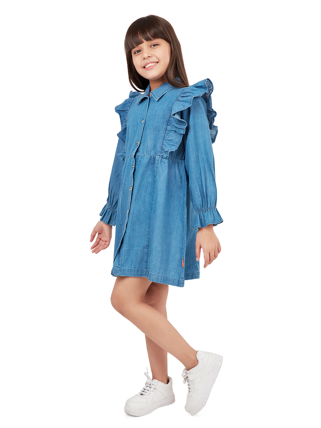 "Olele® Girls Regina Ruffle Dress - Light Blue Denim "