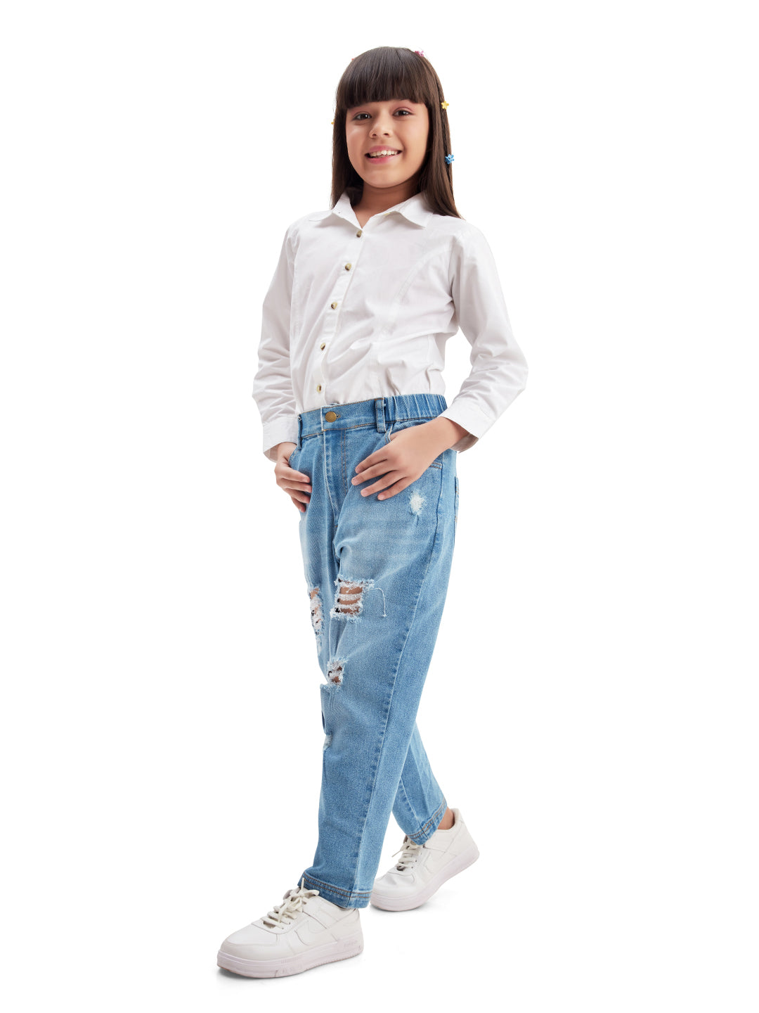 Olele® Girls Regular Fit Stretchable Distressed Wash Vanilla Jeans Pant - Cotton Denim