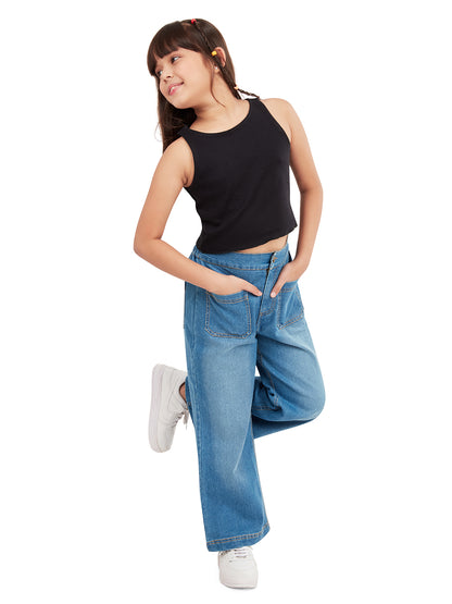 "Olele® Girls Windsor Wide Leg Cotton Denim Jeans Regular Fit Stretchable (Elasticated Waist)  - Indigo Blue"