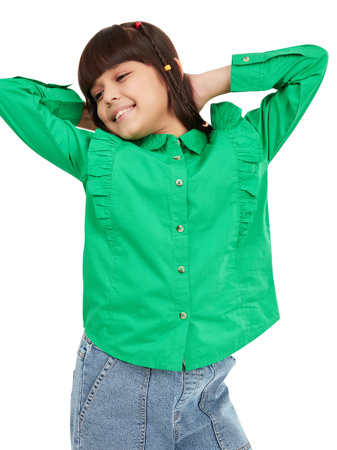 Olele® Girls Regina Full Sleeve Cotton Linen Shirt - Dark Green