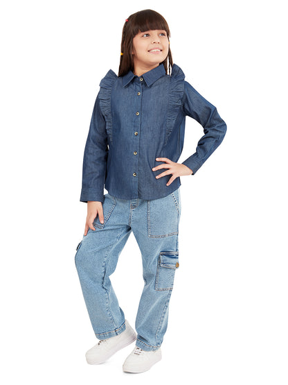 Olele® Girls Regina Full Sleeve Linen Denim Shirt - Dark Blue