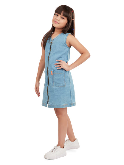 Olele® Girls Atlanta A-Line Bio Washed Cotton Denim Dress with Metal Zipper Opening - Light Blue