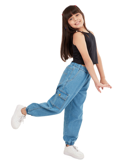 "Olele® Girls Jackson Joggers Cotton Denim Jeans Regular Fit Stretchable (Elasticated Waist)  - Indigo Blue"