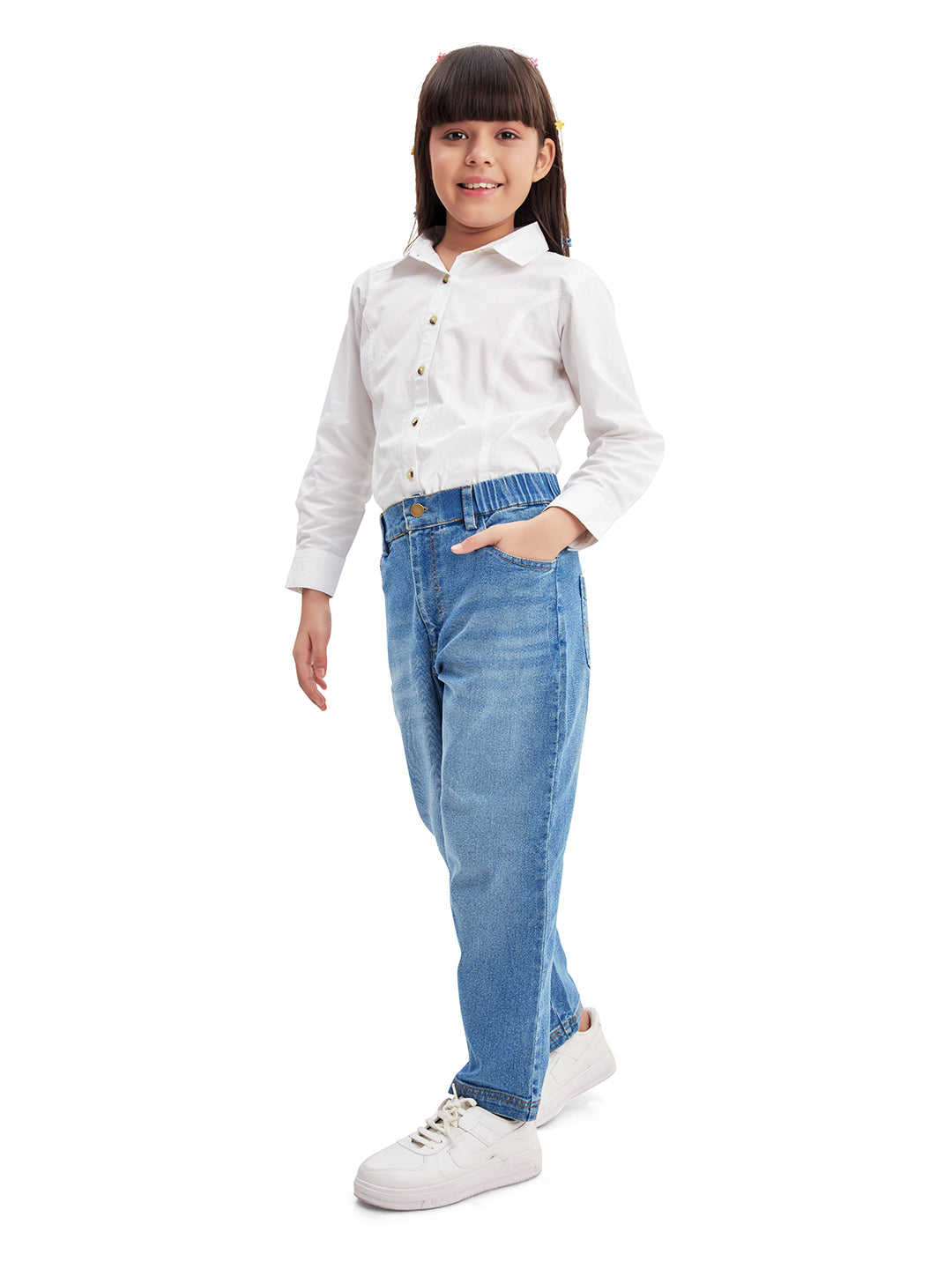 Olele® Girls Regular Fit Stretchable Vanilla Jeans Pant - Cotton Denim