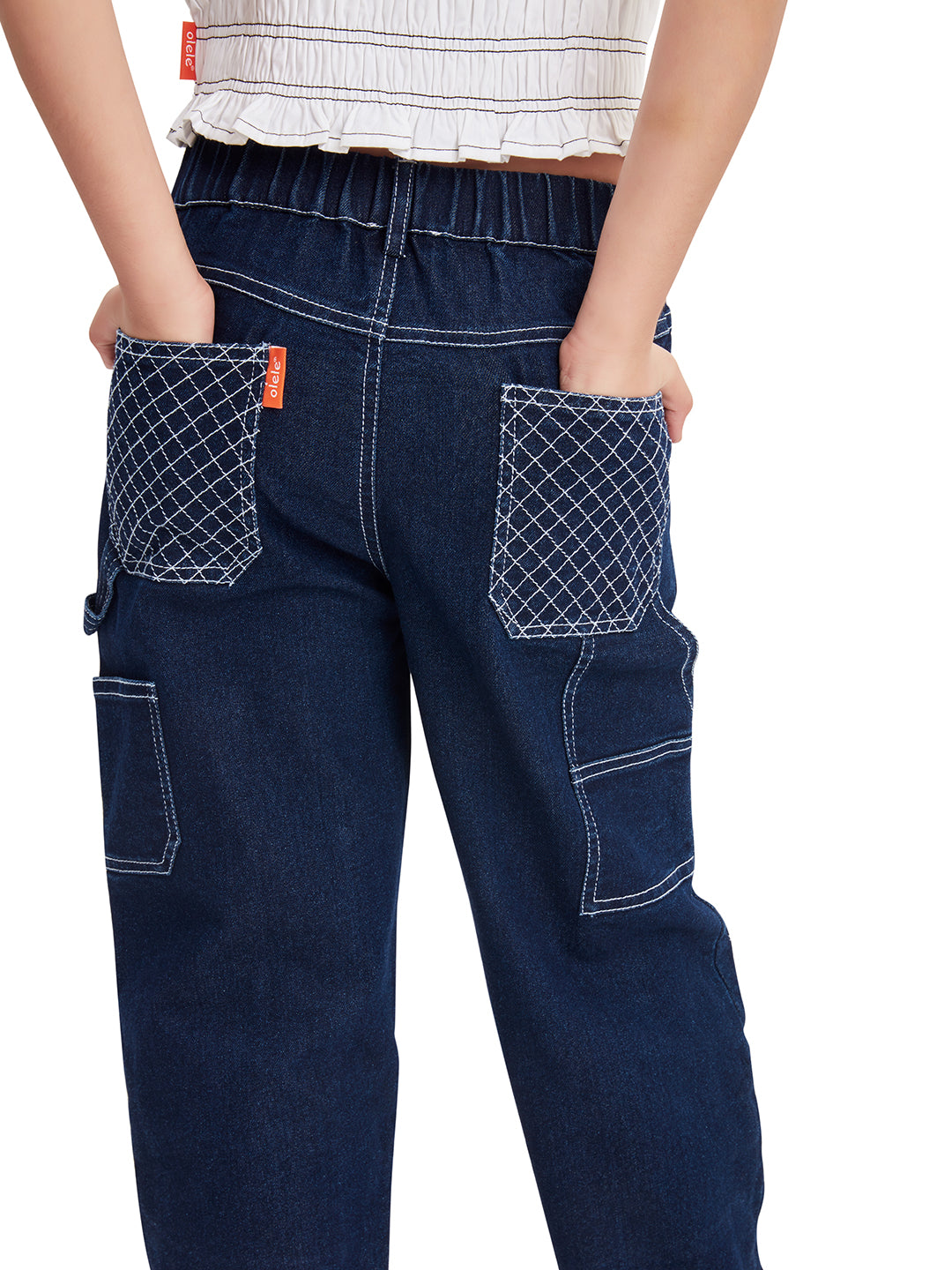 Olele® Girls Quilted Stitched Carpenter Jeans Pant - Raw Cotton Denim