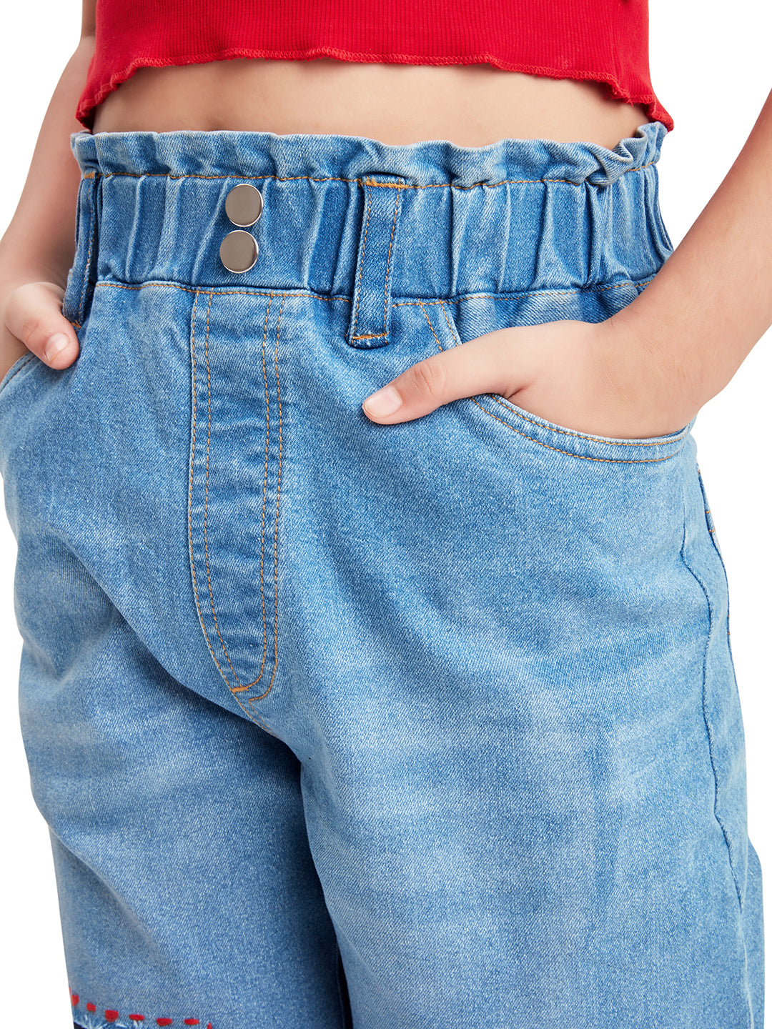 Olele® Girls Pull On Jeans Pant with Retro Patch Detailing - Cotton Denim