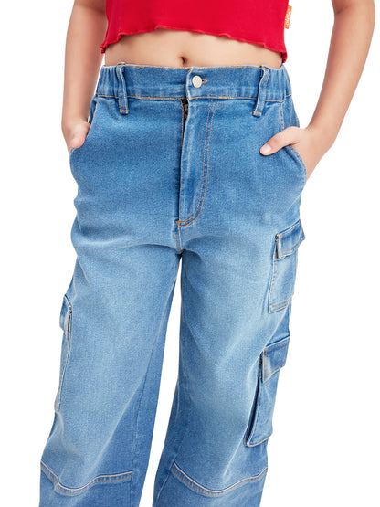 Olele® 7 Pockets Cargo Jeans Pants for Girls - Cotton Denim