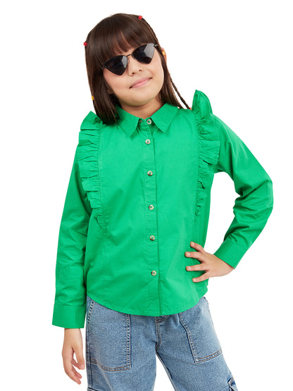 Olele® Girls Regina Full Sleeve Cotton Linen Shirt - Dark Green