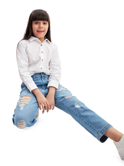 Olele® Girls Regular Fit Stretchable Distressed Wash Vanilla Jeans Pant - Cotton Denim