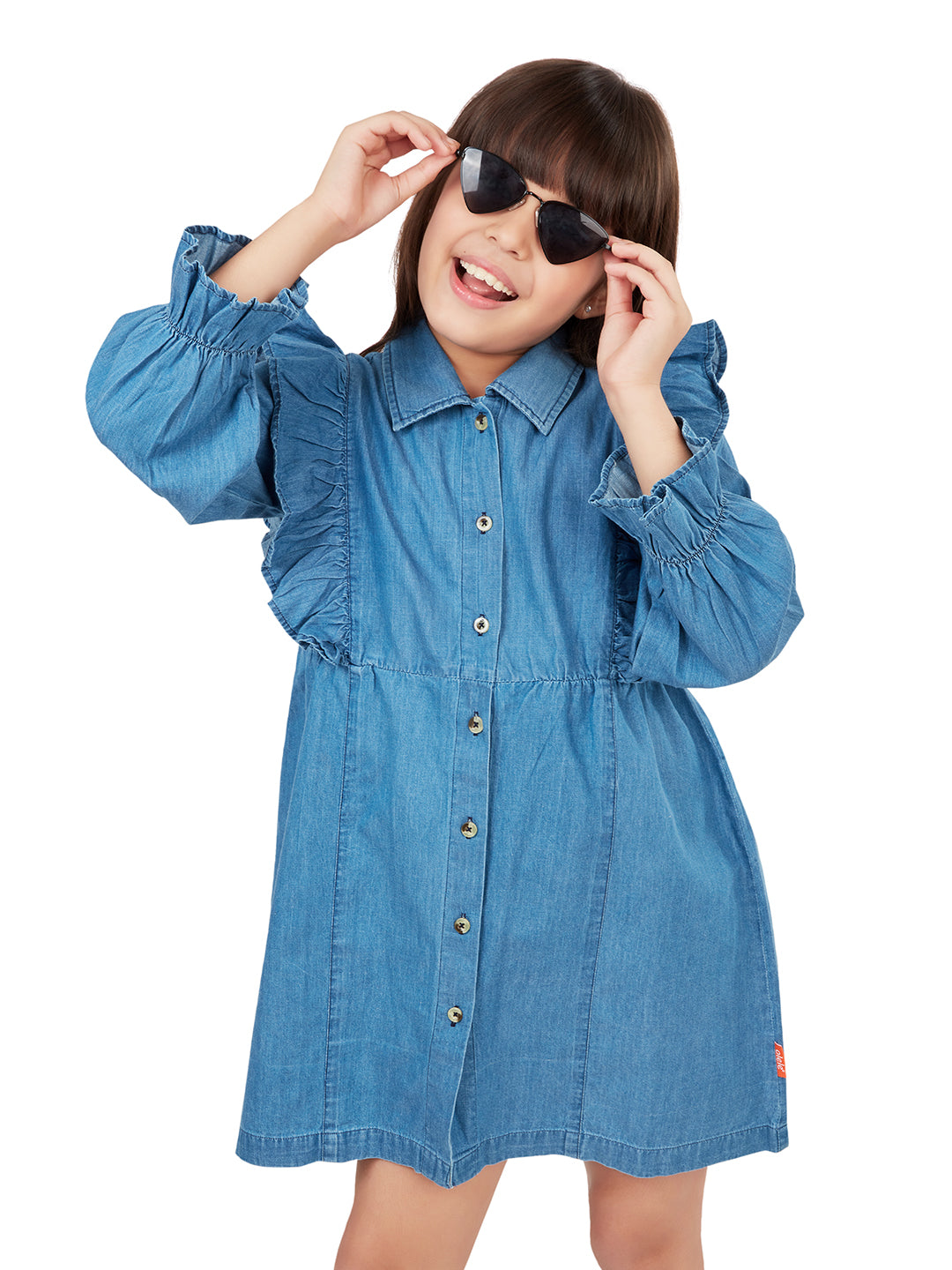 "Olele® Girls Regina Ruffle Dress - Light Blue Denim "