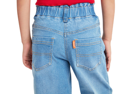 Olele® Girls Pull On Jeans Pant with Retro Patch Detailing - Cotton Denim