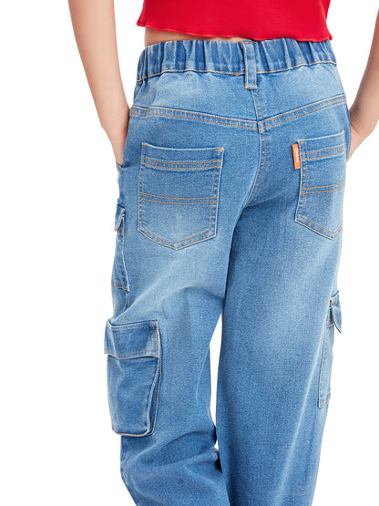 Olele® 7 Pockets Cargo Jeans Pants for Girls - Cotton Denim