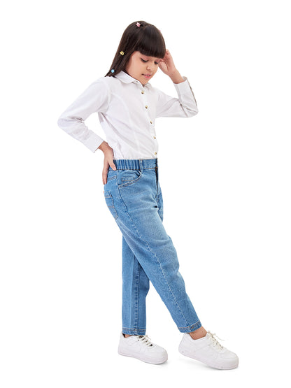 Olele® Girls Regular Fit Stretchable Vanilla Jeans Pant - Cotton Denim