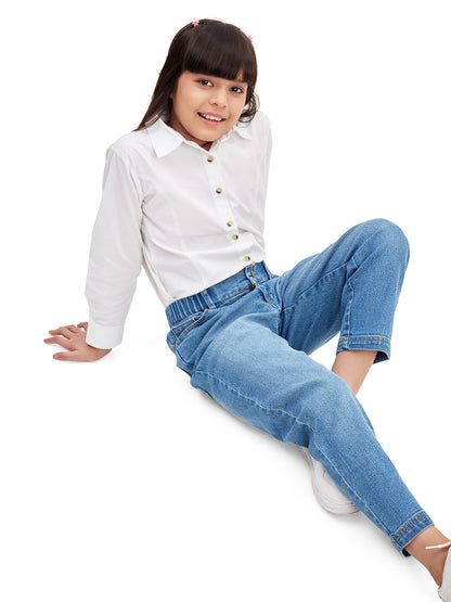 Olele® Girls Regular Fit Stretchable Vanilla Jeans Pant - Cotton Denim